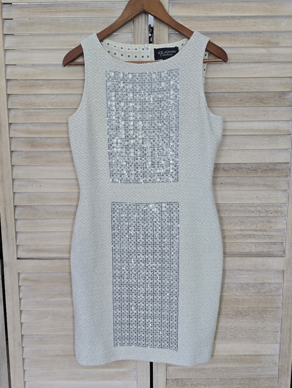 St John Couture Cream Sequin Sheath Dress Ivory Knit Cocktail Wedding Party Form